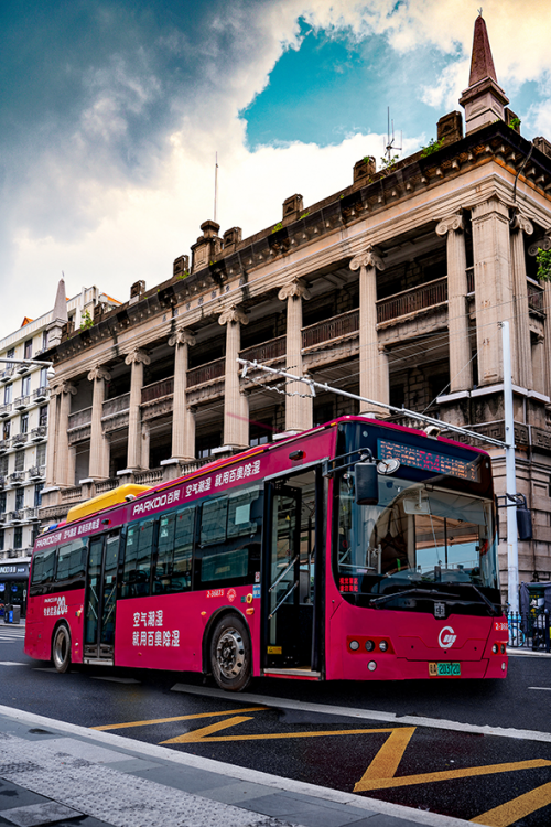 一辆玫红色的公交车，正载着广州人对干爽生活的向往前行